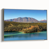 Landscape art painting of Yukon scenery on framed canvas, featuring vintage poster style with black and colorful art tones.