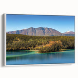 Vintage poster art of Yukon scenery on framed canvas, featuring a colorful palette, ideal for living room decor.