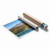 Serene Yukon landscape with subtle green and blue hues on a large rolled canvas, ideal for classy bathroom art.