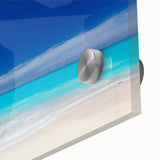 Large abstract wall art featuring Caribbean scenery on acrylic glass, in vibrant ocean blues, ideal for dining room ambiance.