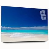Large abstract wall art of Caribbean scenery on acrylic glass, featuring vibrant ocean blues and greens.