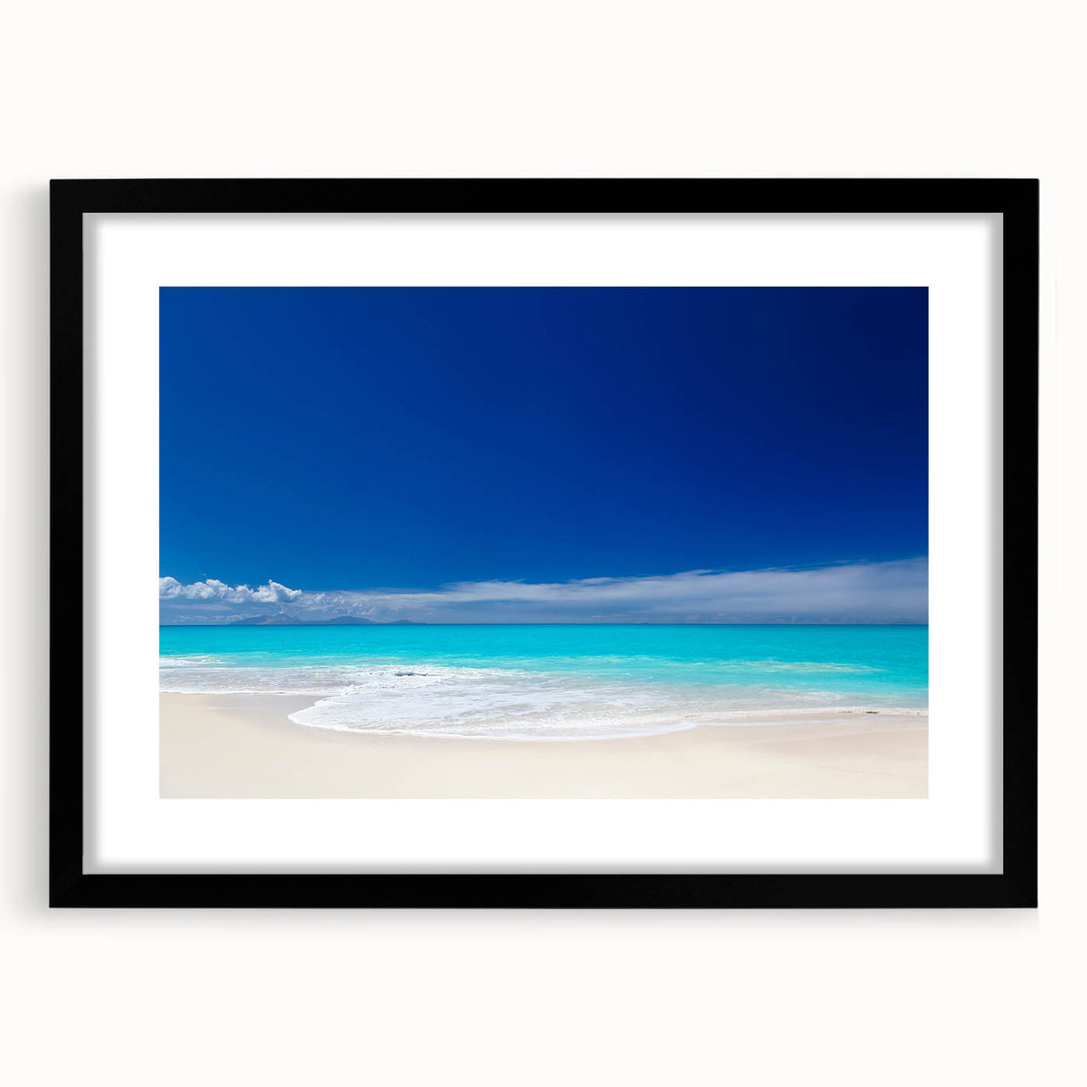 Extra large abstract art print depicting a colorful Caribbean scenery on textured canvas, framed in black.