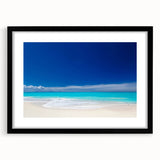 Extra large abstract art print depicting a colorful Caribbean scenery on textured canvas, framed in black.