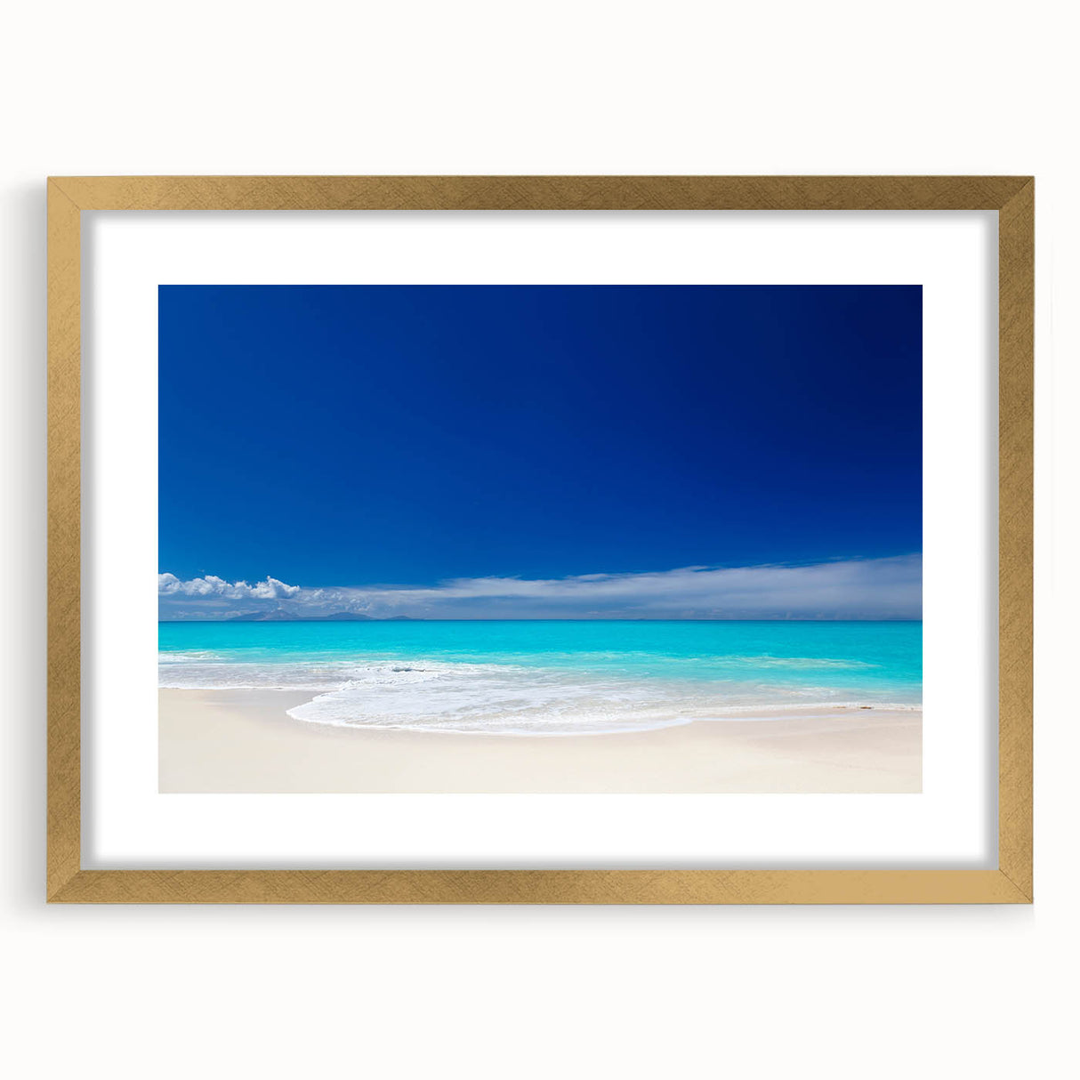 Abstract art print featuring a Caribbean scenery in muted blue and green tones, framed in gold, ideal for dining room decor.