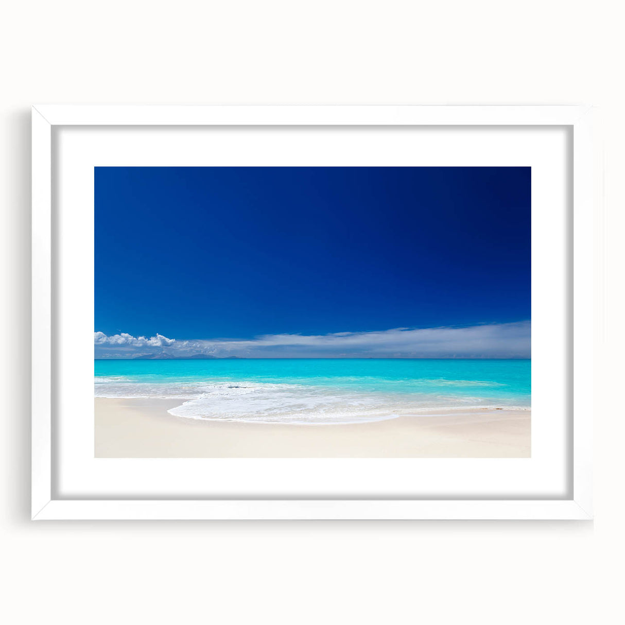 Textured abstract art print depicting Caribbean scenery in muted blue and green tones on a framed white mat.