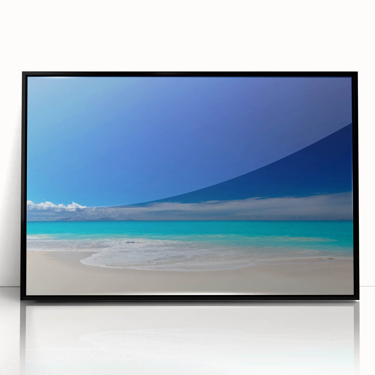 Large abstract wall art depicting a Caribbean scenery in muted blue and green tones on a framed acrylic.