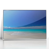 Mid-century modernist art depicting a serene Caribbean scene in pastel colors on a white framed acrylic.