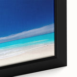 Close-up of textured black wall art featuring a vibrant Caribbean scenery on a framed canvas, ideal for living room decor.