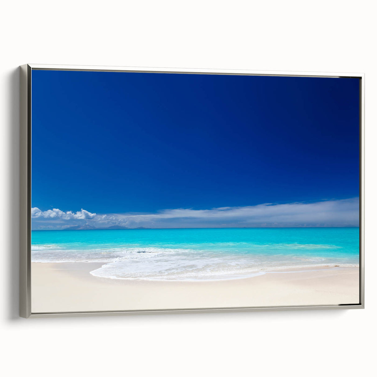 Landscape art painting of Antigua's coastline on framed canvas, featuring vibrant colors and vintage poster style.