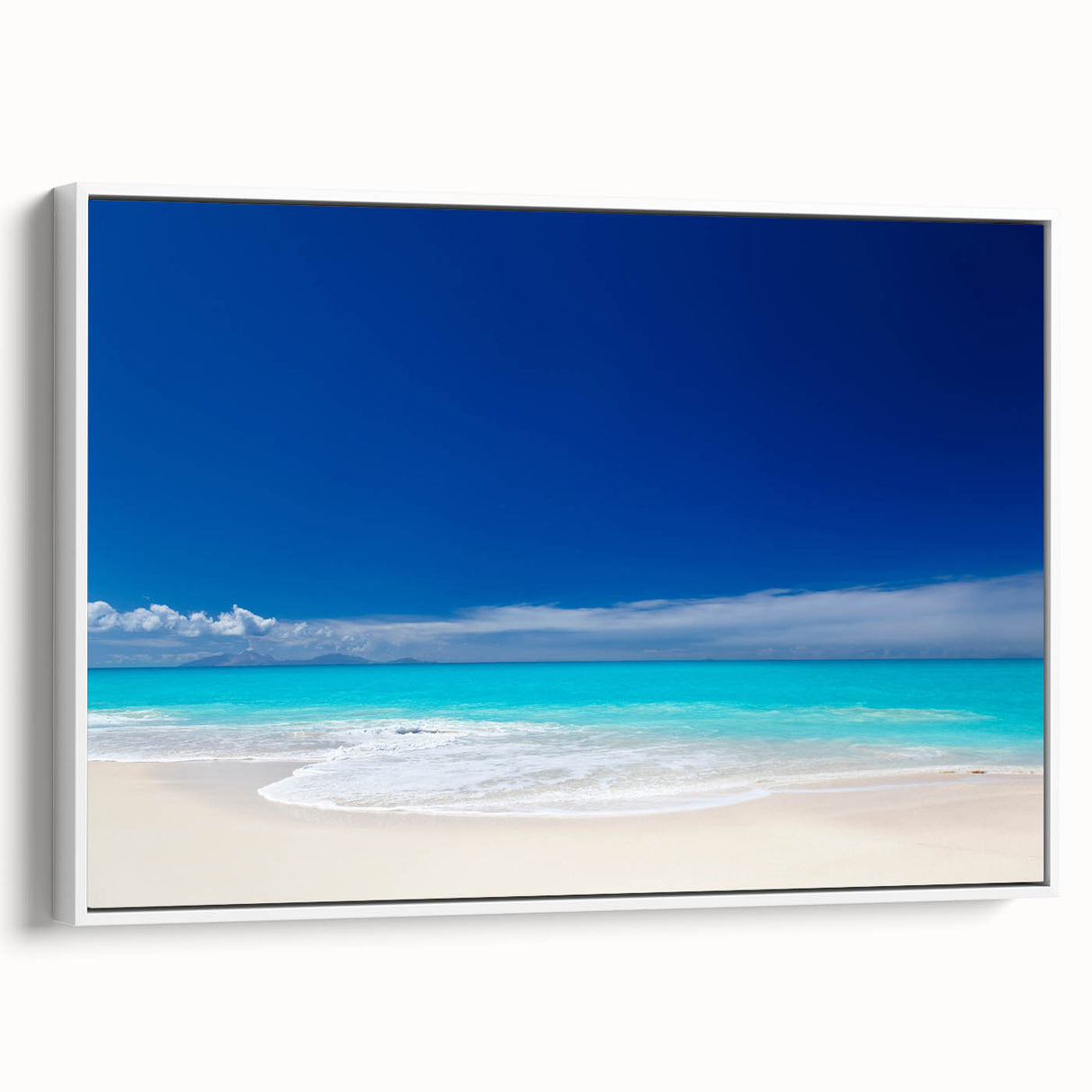 Framed canvas vintage poster art of a Caribbean scenery in vibrant colors, ideal for living room decor.
