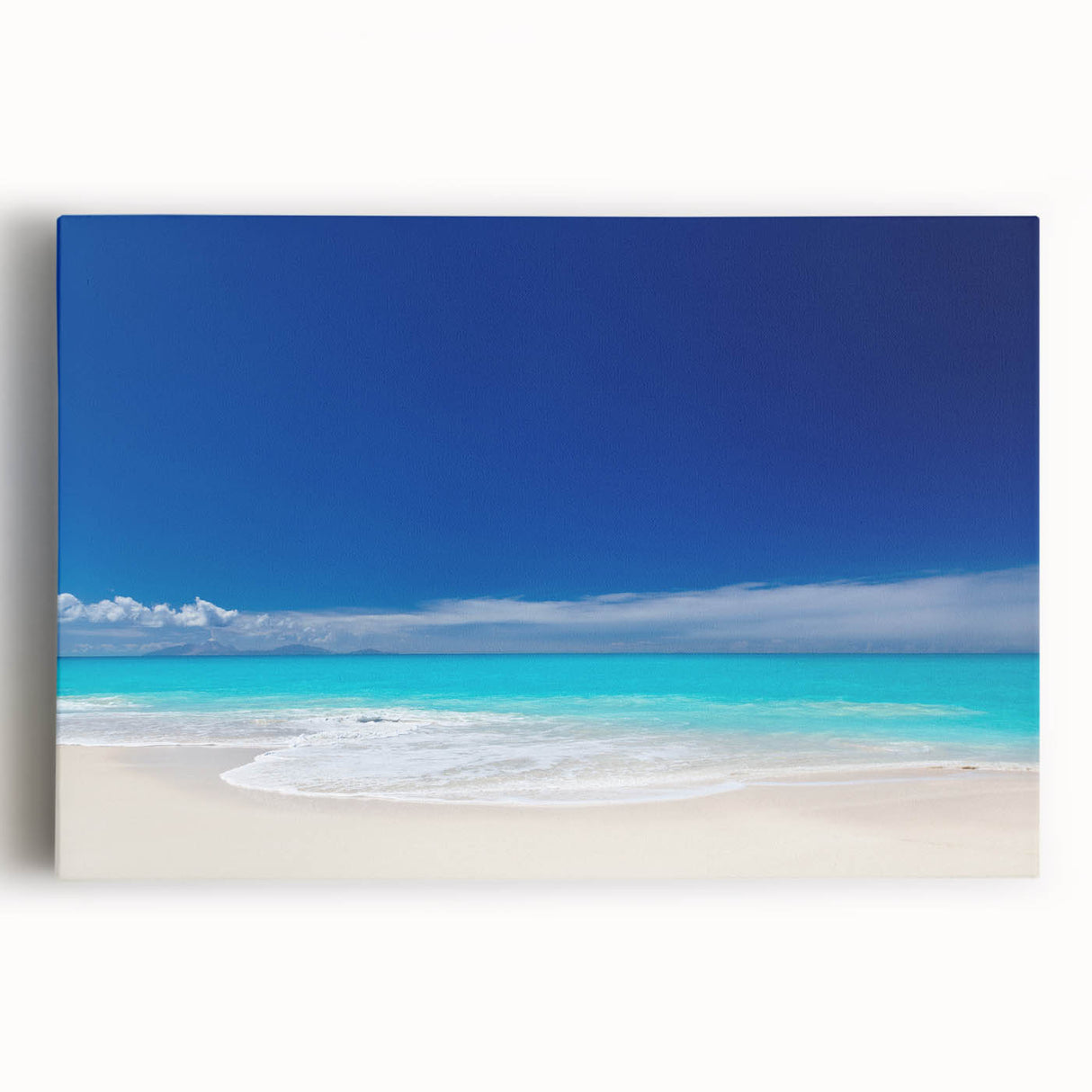 Black and white stretched canvas featuring a serene Caribbean beach scene, ideal for kitchen wall art or bedroom decor.