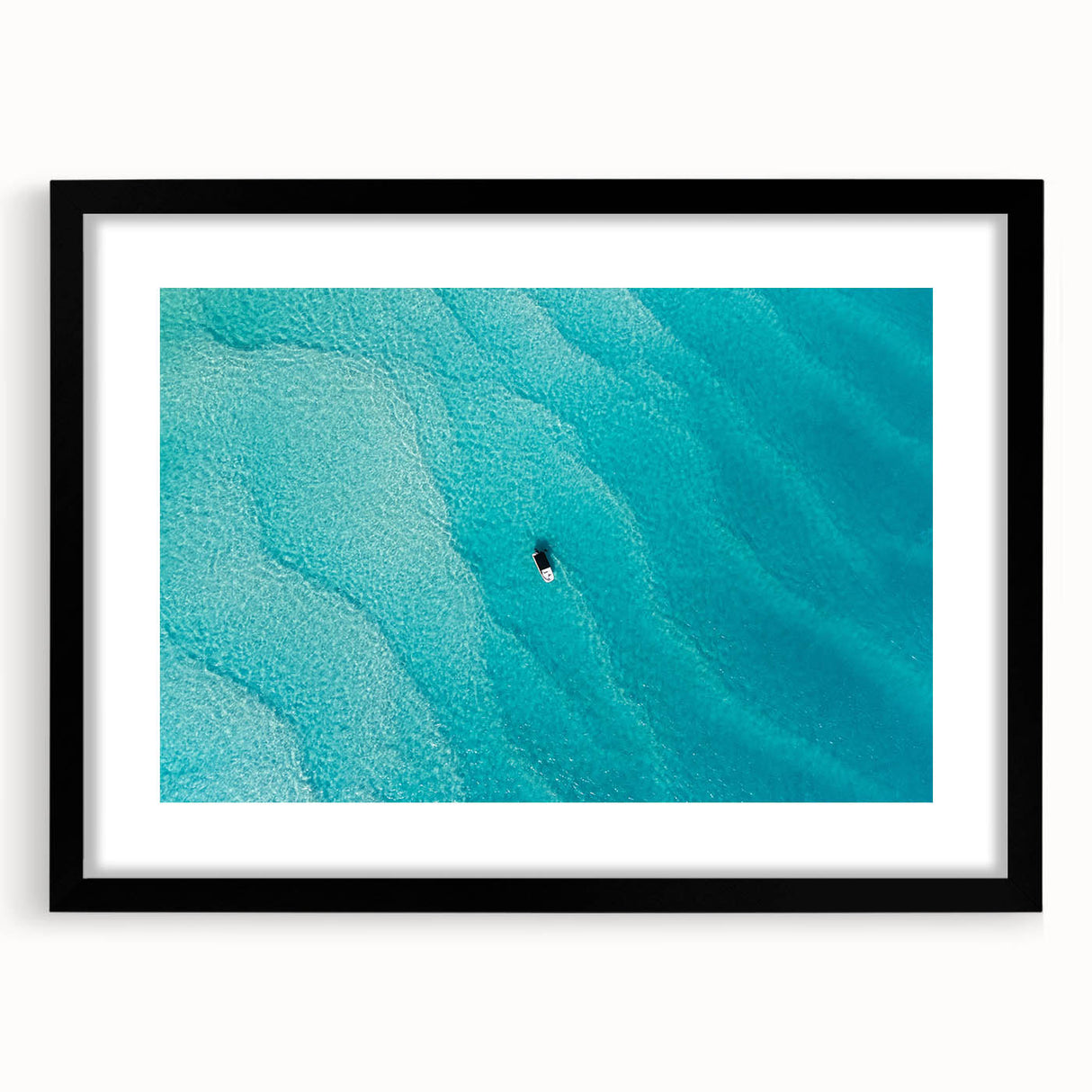 Extra large colorful abstract art print of Caribbean scenery, textured style on a black framed canvas.