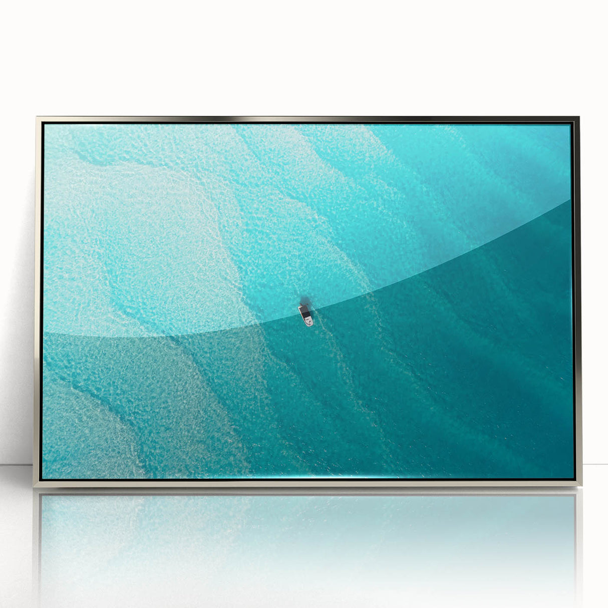 Acrylic print of a Caribbean Bahamas scenery in pastel colors, framed in silver, great for modern bedroom ambiance.
