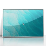 Mid-century modernist art depicting a serene Caribbean beach scene in soft blue and white tones, framed acrylic.