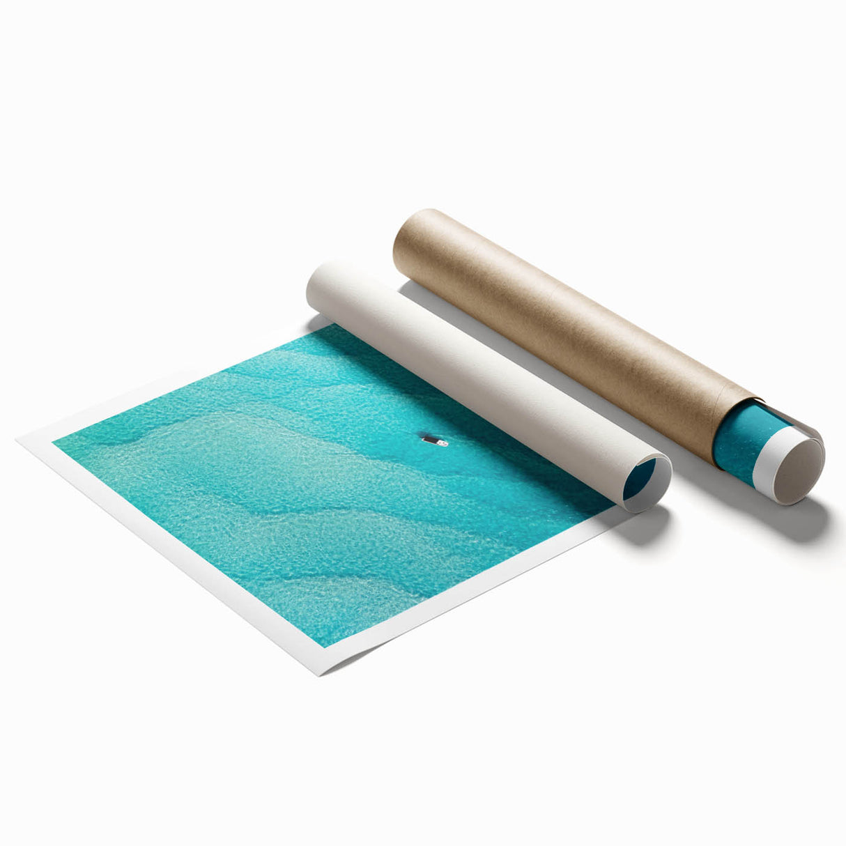 Extra large rolled print featuring a serene Caribbean beach scene with muted blue and sandy tones.