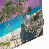 Large abstract wall art of a Caribbean scenery on acrylic glass, featuring vibrant blues and greens.