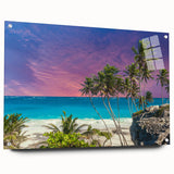 Acrylic print of a Caribbean scenery with vibrant blue and green tones, ideal for bedroom or dining room decor.
