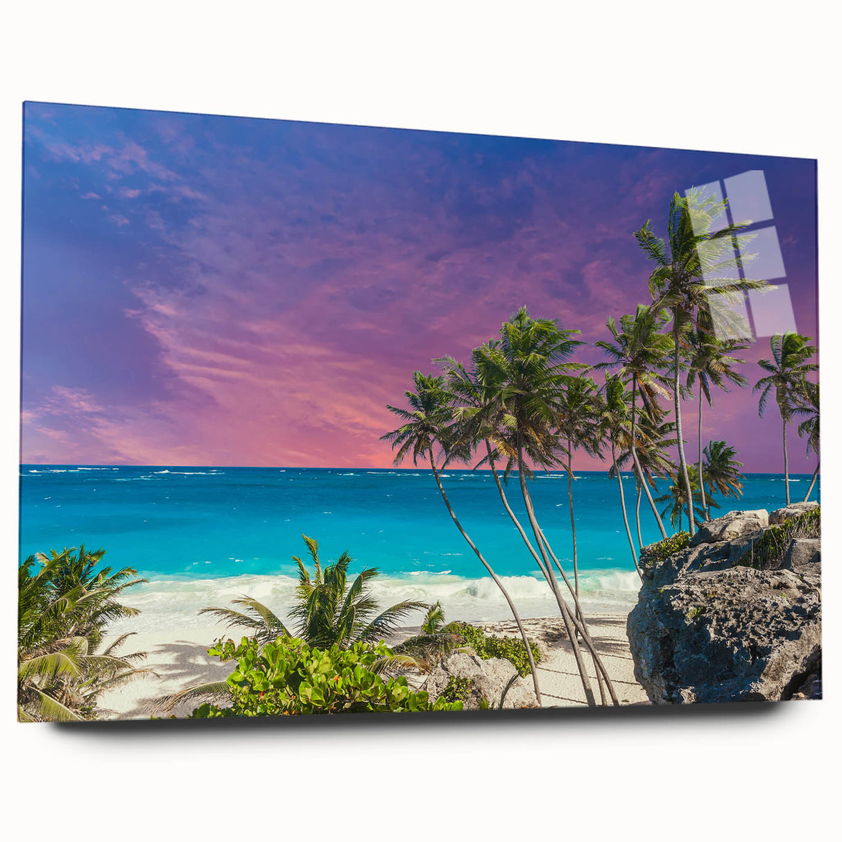 Large abstract wall art of the Caribbean seascape in vibrant blue tones on acrylic glass.