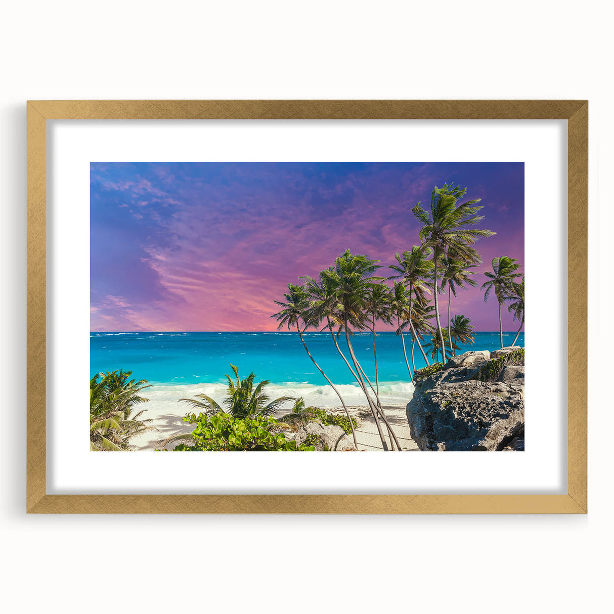 Abstract art print of a Caribbean scenery in gold frame, ideal for dining room decor.