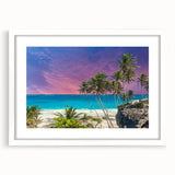 Textured abstract art print depicting a serene Caribbean scene in soft blue and white tones, framed with a white mat.