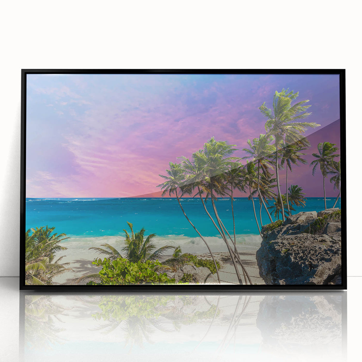 Large abstract wall art depicting a Caribbean scenery in Barbados, framed in black acrylic.