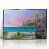 Large art print of a Caribbean Barbados scenery on silver-framed acrylic, featuring mid-century modernist style.