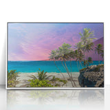 Mid-century modernist art of a serene Caribbean Barbados scenery, depicted in vibrant hues on a white-framed acrylic print.