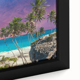 Black wall art featuring a textured, colorful Caribbean scenery on a framed canvas, ideal for living room decor.