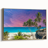 Framed canvas wall art depicting a vintage-style Barbados landscape in muted gold and black tones.