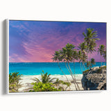 Vintage poster art of a Caribbean Barbados scenery on a framed canvas, featuring vibrant colors, ideal for living room decor.