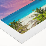 Art deco poster of a Caribbean scenery in muted blue and green tones on rolled canvas, suitable for dining room decor.
