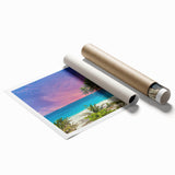 Extra large wall art depicting a serene Caribbean scenery on rolled canvas, with soft blue and green tones.