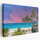 Caribbean beach scene on large stretched canvas featuring vivid blue and aqua tones, ideal for kitchen wall art.