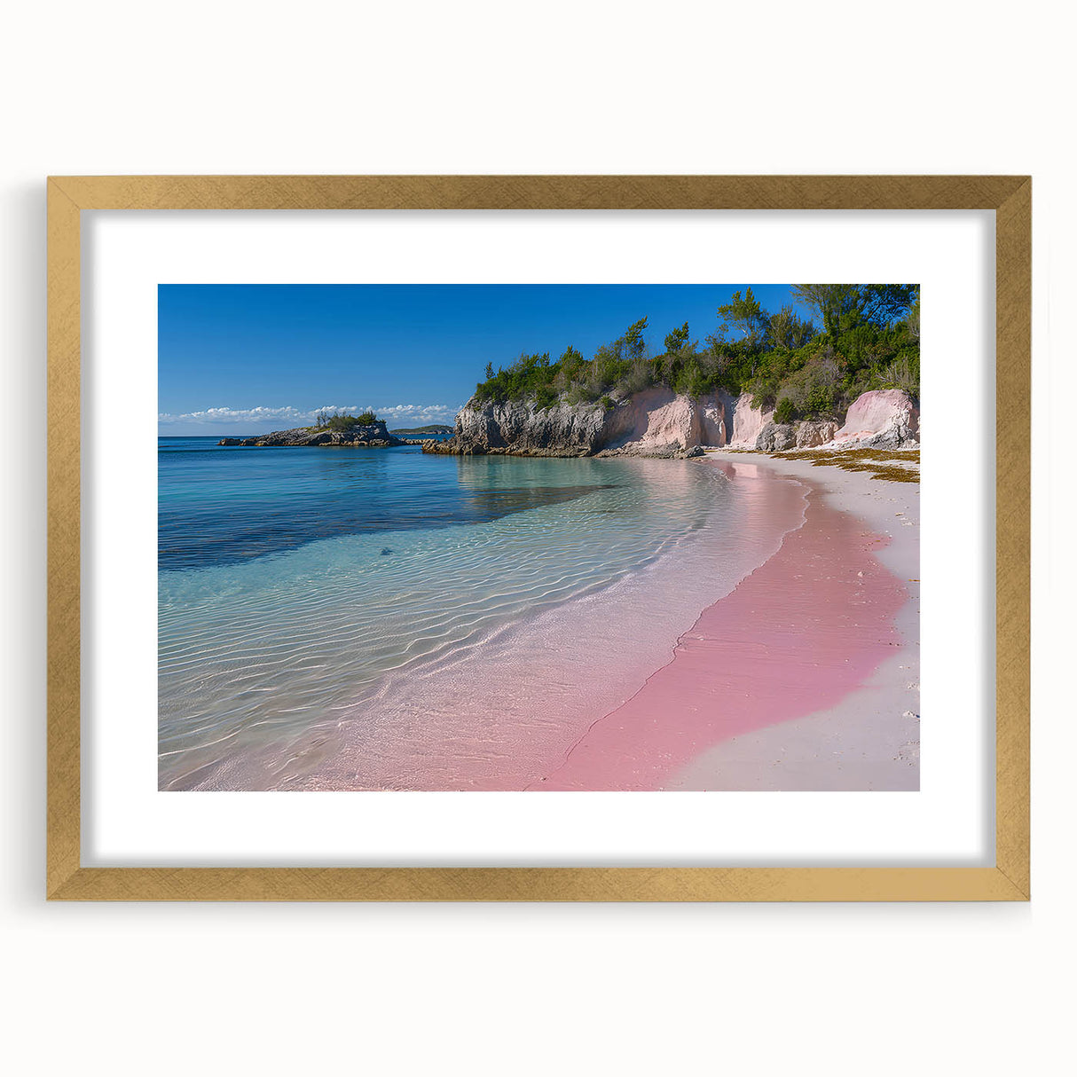 Abstract art print of a Caribbean seascape in blue and turquoise hues on a framed canvas.