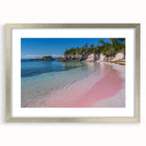 Extra large abstract art print of Caribbean scenery in muted blue and green tones on a textured canvas, framed in silver.