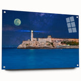 Acrylic print of a large abstract depiction of Caribbean scenery in vibrant blue and green tones.