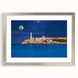 Extra large abstract art print of a textured Caribbean landscape in muted oceanic colors, framed in silver.