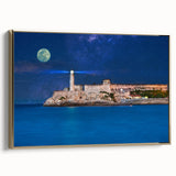 Framed canvas wall art featuring a vintage-style Caribbean landscape in black and gold tones, ideal for bedroom decor.