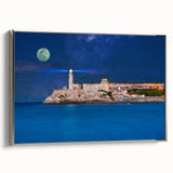 Framed canvas depicting a vintage-style Caribbean landscape with vibrant colors, ideal for living room decor.