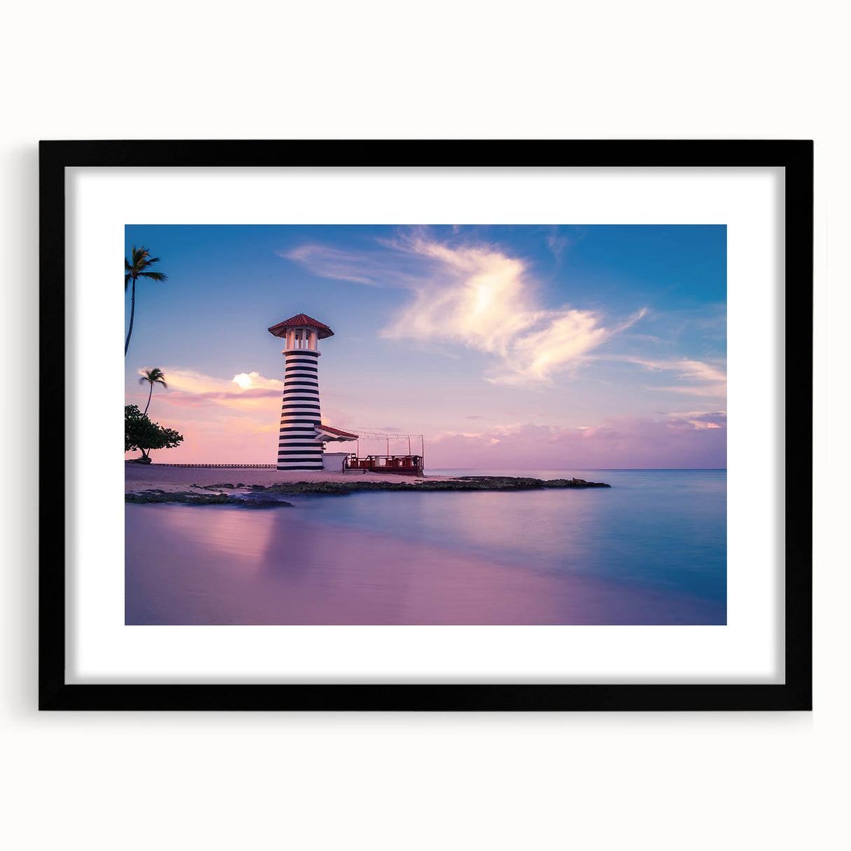 Extra large abstract art print featuring colorful, textured Caribbean scenery on a black framed canvas.