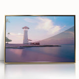 Mid-century modernist art depicting a serene Caribbean beach scene in muted blue and sandy tones, framed acrylic print.