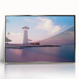 Art deco poster of a Caribbean scene in muted blue and green tones, acrylic print in silver frame.