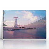 Large art print of a Caribbean scenery in mid-century modernist style, framed in white acrylic.