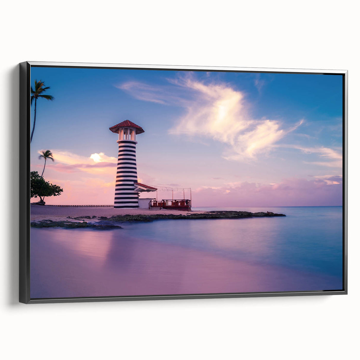 Black and white landscape art painting of a Caribbean scene on framed canvas, ideal for bedroom wall decor.