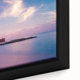 Framed canvas featuring a textured, colorful Caribbean scenery with vibrant blue and green tones.