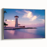 Framed canvas featuring a vintage-style landscape painting of the Caribbean, with a muted color palette.