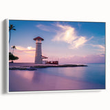 Framed canvas of a Caribbean landscape painting in vibrant colors on a white background, ideal for living room decor.