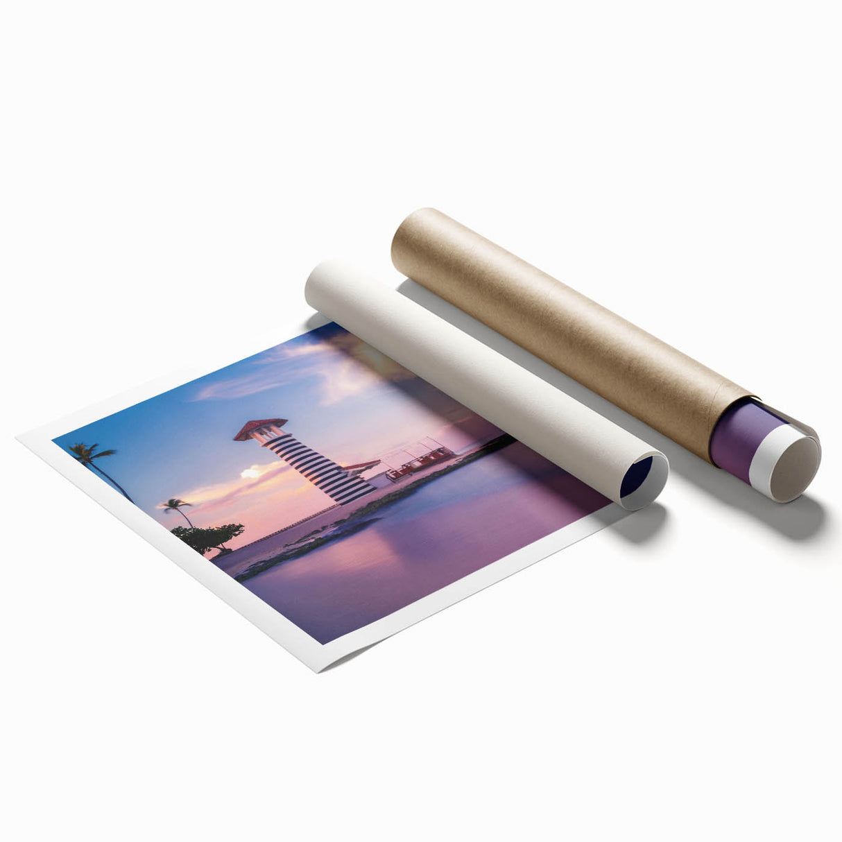 Extra large rolled print of a Caribbean scenery with lush florals in vibrant colors, ideal for classy bathroom wall art.