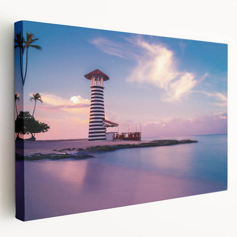 A large art print on stretched canvas depicting a vibrant Caribbean beach scene, ideal for kitchen wall art.