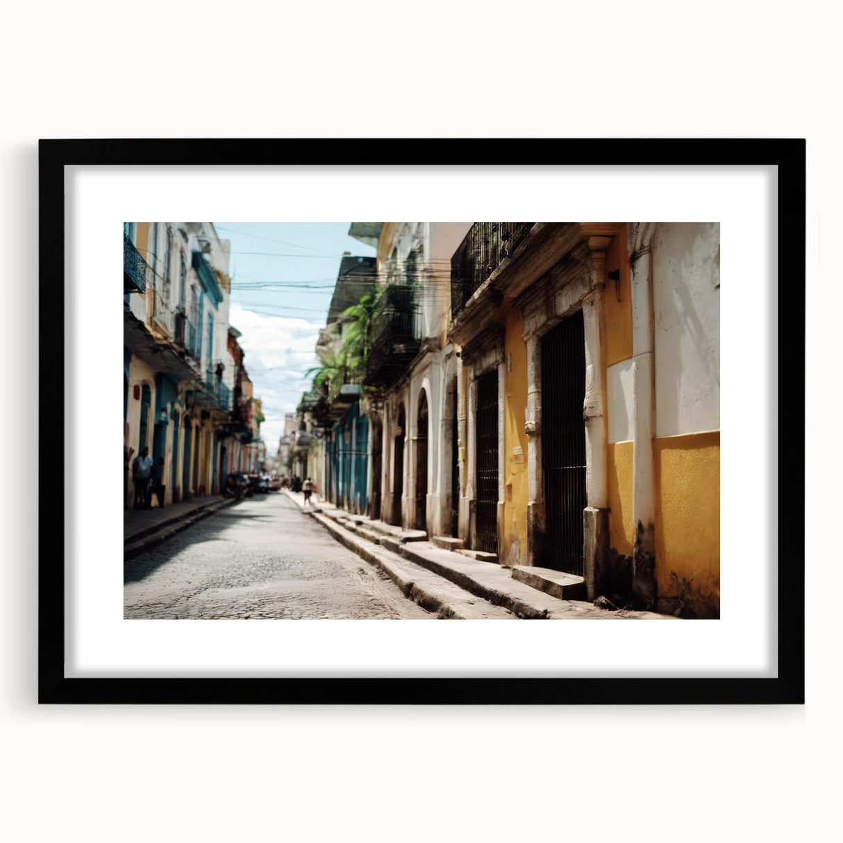 Extra large abstract art print depicting a vibrant Caribbean scene on a textured canvas, framed in black.